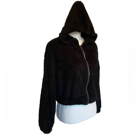 Black Hooded Super Soft Cropped Teddy Zip Up Jacket Women’s Small - Picture 3 of 13